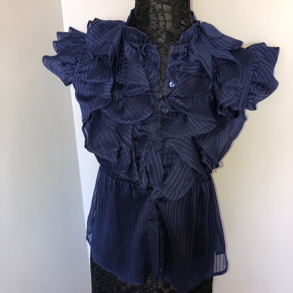 Hot & Delicious Tops - BOGO 50% Navy Ruffle Sheer Blouse